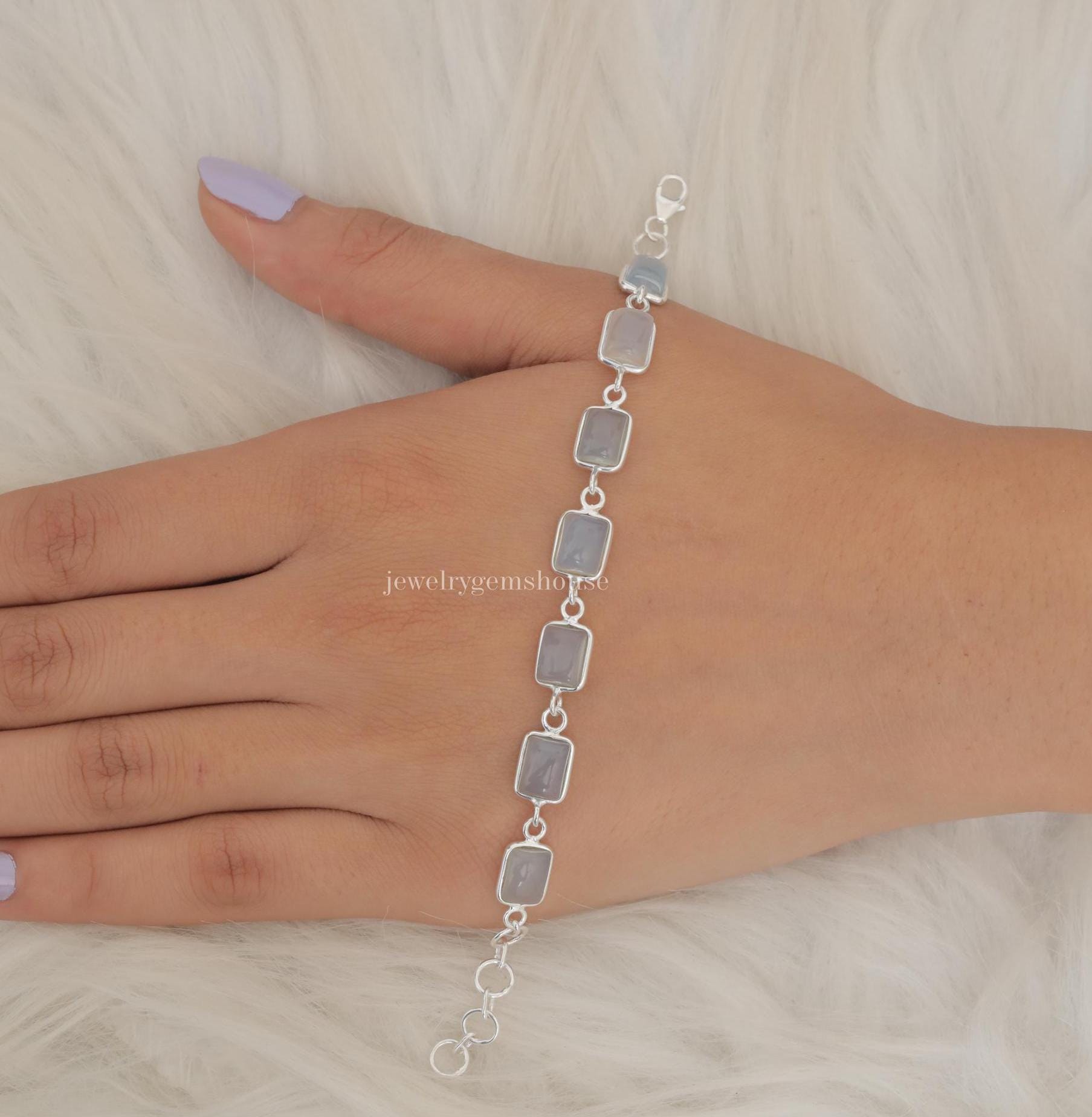 カルセドニーブレスレット、925スターリングシルバーブレスレット 