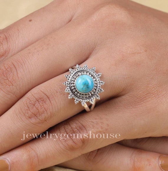 Arizona Turquoise Sunburst Design Ring Sterling Silver - Handmade in the USA Arizona Turquoise Sunburst Design Ring Sterling Silver - Handmade in the USA