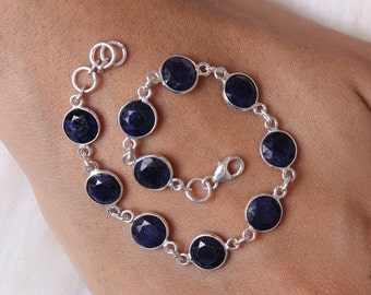 Bracelet saphir bleu, bracelet en argent sterling massif 925, bracelet de pierres de naissance de septembre, bracelet de pierres précieuses rondes, bracelet en cristal de guérison