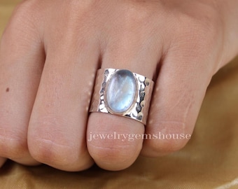 Rainbow Moonstone Ring, 925 Sterling Silver Ring, Gemstone Ring, Wide Band Ring, Women Silver Ring, Moonstone Statement Ring, Handmade Ring