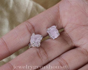 Raw Rose Quartz Stud Earrings, 925 Sterling Silver, January Birthstone, Natural Stone Studs, Handmade Earrings, Stone Sourced from Brazil