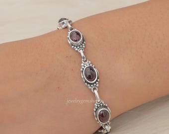 Garnet Bracelet, 925 Sterling Silver Bracelet, Cabochon Garnet Bracelet, Gemstone Silver Jewelry, Bohemian Bracelet, Handmade Gift Jewelry