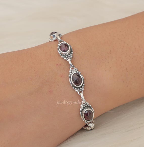 Garnet Bracelet, 925 Sterling Silver Bracelet, Cabochon Garnet