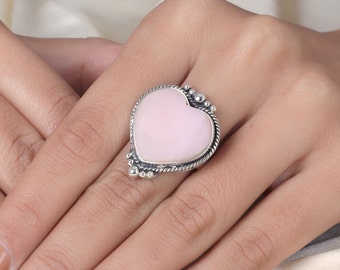 Natural Pink Opal Ring, Cabochon Ring, Sterling Silver Ring, Heart Shape Ring, Statement Ring, Women Boho Ring, Handmade Ring, Gift for Her