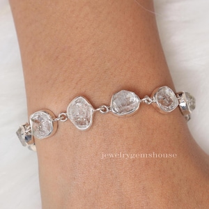 Raw Herkimer Diamond Bracelet, 925 Sterling Silver Bracelet, Rough Gemstone Bracelet, Women Silver Bracelet, Handmade Jewelry Bracelet