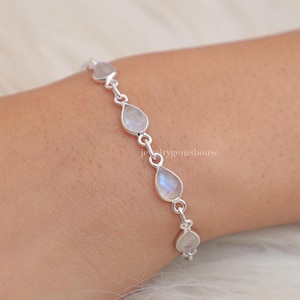 Rainbow Moonstone Bracelet, 925 Sterling Silver Bracelet, June Birthstone Bracelet, Pear Gemstone Bracelet, Handmade Jewelry, Gift for Her