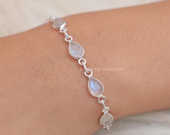 Rainbow Moonstone Bracelet, 925 Sterling Silver Bracelet, June Birthstone Bracelet, Pear Gemstone Bracelet, Handmade Jewelry, Gift for Her