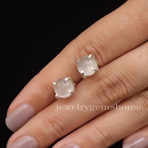 Natural Rose Quartz Stud, 925 Sterling Silver Earrings, January Birthstone Studs, Boho Handmade Women Jewelry, Stone Sourced from Brazil