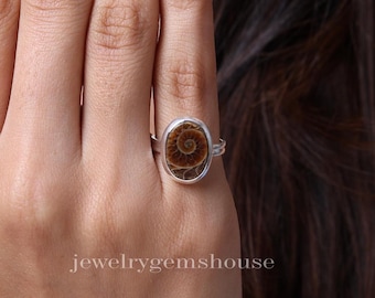 Natural Ammonite Ring, 925 Sterling Silver Ring, Oval Shaped Ring, Healing Stone Ring, Bohemian Ring, Gemstone Silver Jewelry, Handmade Ring