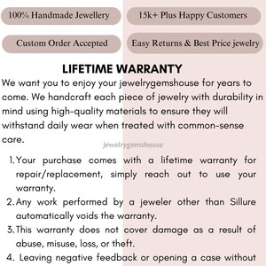 Może przedstawiać: Grafika informacyjna zatytułowana WHY CHOOSE US? oraz LIFETIME WARRANTY. Wymienia cechy takie jak 925 Sterling Silver, 100% Natural Gemstones, 100% Handmade Jewellery, 15k+ Plus Happy Customers, Custom Order Accepted oraz Easy Returns & Best Price jewelry.