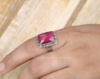 Cut Ruby Ring, 925 Solid Sterling Silver Ring, Handmade Ring, Rectangular Ring, July Birthstone Ring, Gemstone Silver Jewelry, Gift For Her