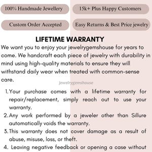 Puede incluir: Un gr&aacute;fico informativo titulado WHY CHOOSE US? y LIFETIME WARRANTY. Enumera caracter&iacute;sticas como 925 Sterling Silver, 100% Natural Gemstones, 100% Handmade Jewellery, 15k+ Plus Happy Customers, Custom Order Accepted y Easy Returns & Best Price jewelry.