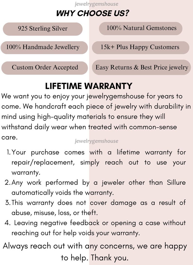 Puede incluir: Un gr&aacute;fico informativo titulado WHY CHOOSE US? y LIFETIME WARRANTY. Enumera caracter&iacute;sticas como 925 Sterling Silver, 100% Natural Gemstones, 100% Handmade Jewellery, 15k+ Plus Happy Customers, Custom Order Accepted y Easy Returns & Best Price jewelry.