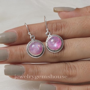 Pink Moonstone Earrings, 925 Sterling Silver Earrings, June Birthstone Earrings, Boho Handmade Jewelry, Round Shape Earrings, Gift for Her