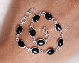 Zwarte onyx-armband, 925 sterlingzilveren armband, cabochon-edelsteenarmband, verstelbare sieradenarmband, armband cadeau beste vriend