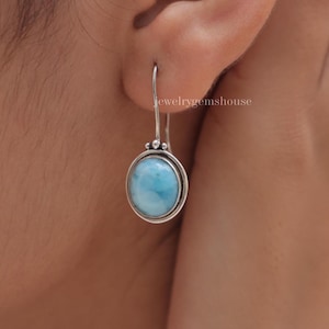 Natural Larimar Earrings, 925 Sterling Silver Earrings, Oval Gemstone Earrings, Drop Earrings, Handmade Jewelry, Dominican Larimar Earrings