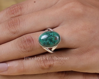 Natural Chrysocolla Ring, 925 Sterling Silver Ring, Oval Gemstone Ring, Crystal Ring, Bohemian Ring, Statement Ring, Chrysocolla Jewellery