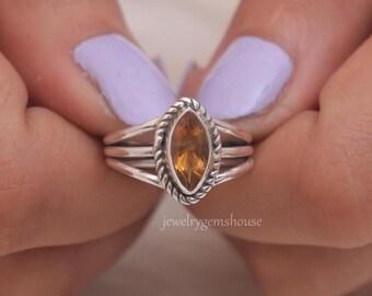 Citrine Ring, 925 Sterling Silver Ring, November Birthstone Ring, Marquise Shaped Ring, Gemstone Ring, Ring for Women, All Size Available
