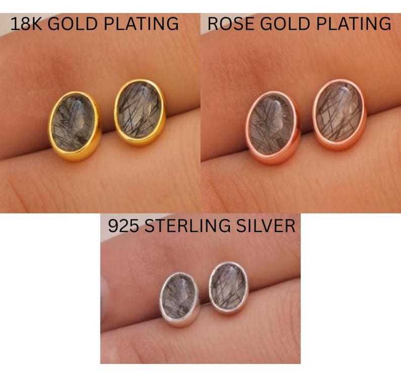 Black Rutile Quartz Stud Earrings,925 Sterling Silver, Handmade Oval Earrings, Gemstone Studs, Minimalist Jewelry, Stone Sourced from Brazil image 3