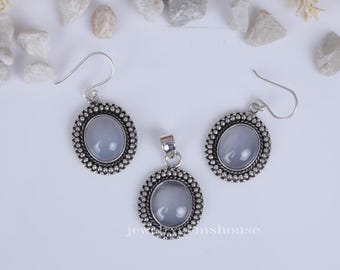 Natural Chalcedony Gemstone Set, 925 Sterling Silver, Available as Only Pendant, Only Earring, Pendant Earring Set Jewelry, Wedding Gift