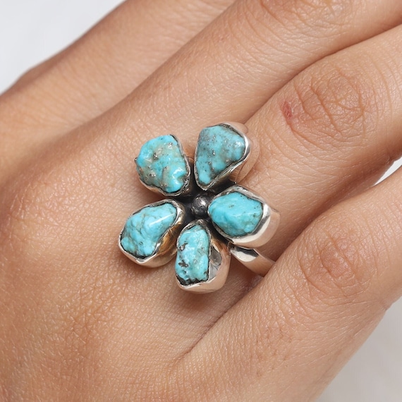 Raw Arizona Turquoise Ring, 925 Sterling Silver Ring, Floral