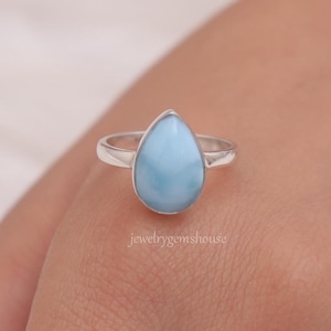 Natural Larimar Ring, 925 Sterling Silver Ring, Gemstone Ring, Solitaire Ring, Pear Shape Ring, Bohemian Jewelry, Dominican Larimar Ring