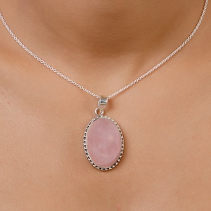 Natural Rose Quartz Pendant 925 Sterling Silver , Love Stone Gemstone Handmade Pendant, Pink Stone Oval Shape Pendant ,Boho Pendant