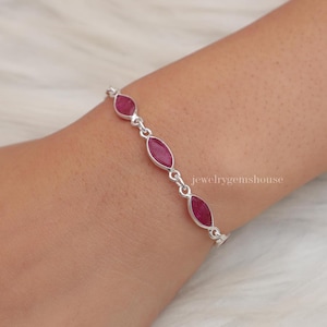 Ruby Bracelet, 925 Sterling Silver Bracelet, July Birthstone Bracelet, Cut Gemstone Bracelet, Adjustable Silver Bracelet, Handmade Jewelry