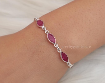 Ruby Bracelet, 925 Sterling Silver Bracelet, July Birthstone Bracelet, Cut Gemstone Bracelet, Adjustable Silver Bracelet, Handmade Jewelry