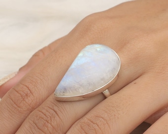 Rainbow Moonstone Ring, 925 Sterling Zilveren Ring, Edelsteen Ring, Solitaire Ring, Boho Sieraden, Statement Ring, Verjaardagscadeau