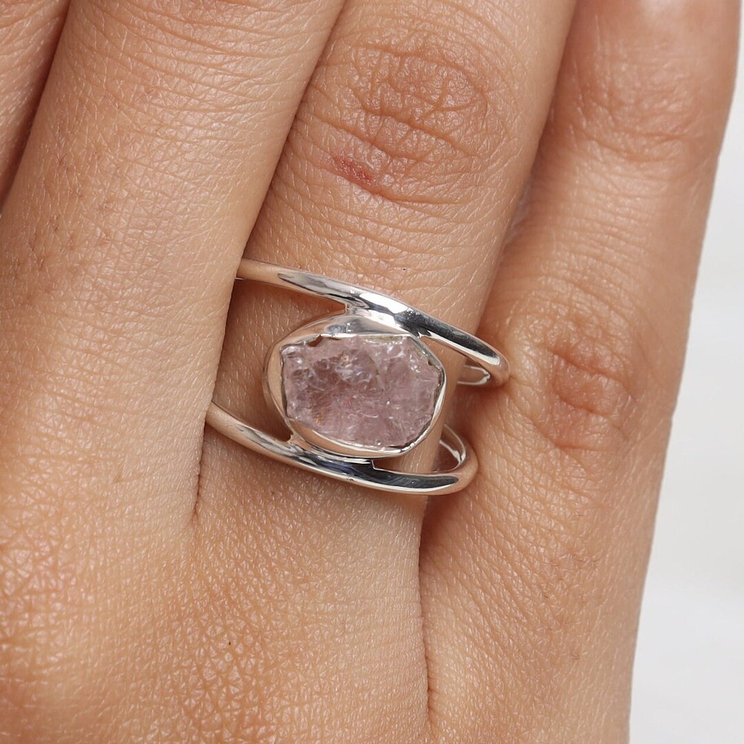 Anillo de cuarzo rosa en bruto, anillo de plata de ley 925, anillo con  piedra de nacimiento de enero, anillo de piedra preciosa en bruto, anillo  de