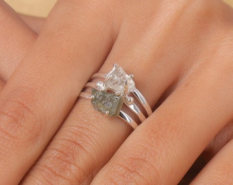 Natural Moldavite Ring, 925 Sterling Silver Ring, Herkimer Diamond Ring, Rough Gemstone Ring, Boho Ring, Statement Ring, Raw Stone Ring