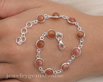 Natural Sunstone Bracelet, 925 Sterling Silver Bracelet, Healing Crystal Bracelet, Women Silver Jewelry, Handmade Bracelet, Anniversary Gift