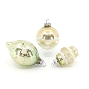 Vintage Shiny Brite Christmas Ornaments: Pastel Teardrop Stencil, Gold White Stripes, Age Patina