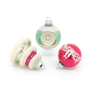 Vintage Shiny Brite Christmas Ornaments: 1950s MCM Tree, Double Indent, Stencil, Pink White Green