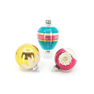 Vintage Shiny Brite Christmas Ornaments: Mercury Glass Ribbed Lantern, Snowcap, Double Indent