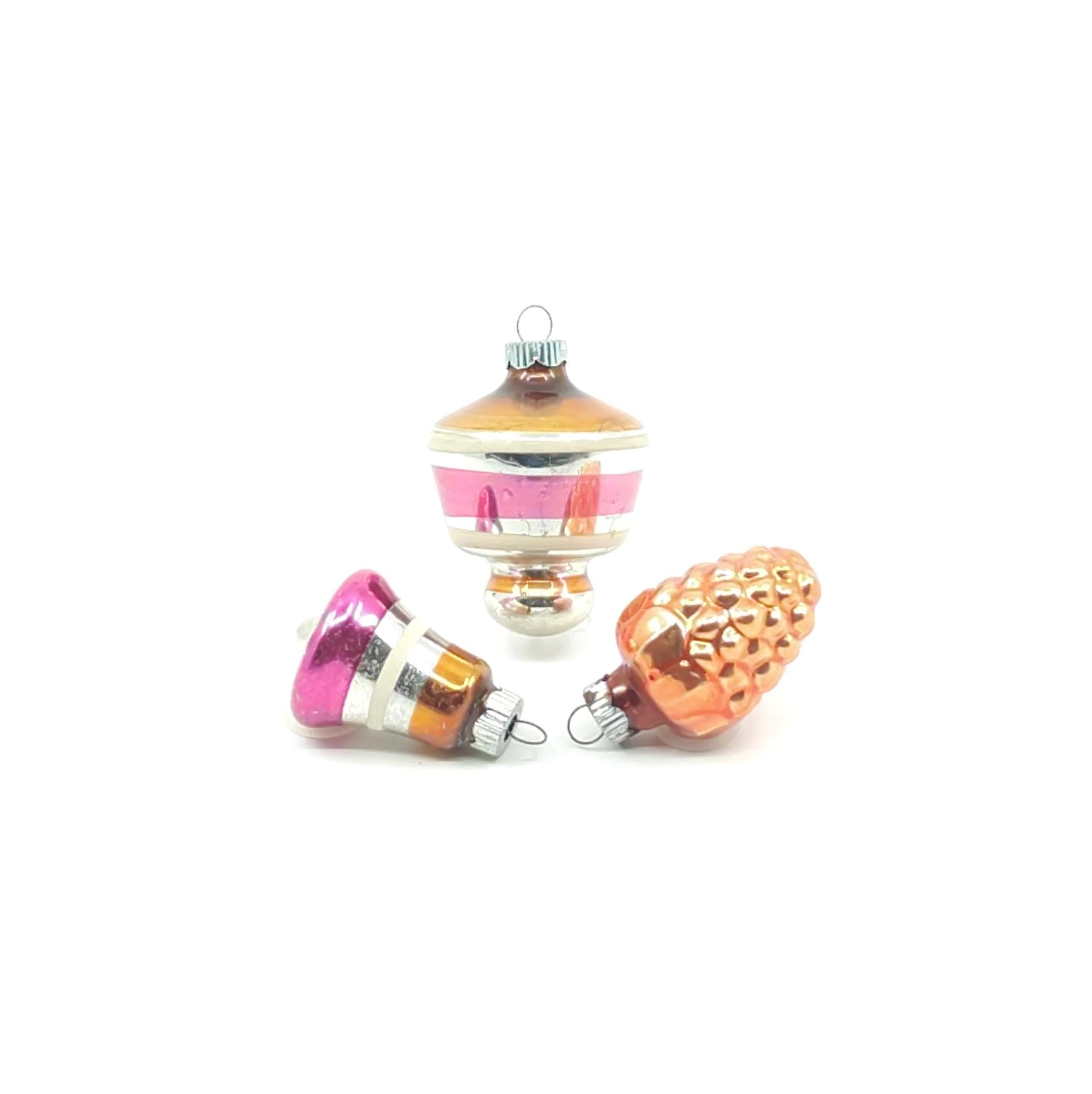 3 Vintage Shiny Brite Christmas Ornaments - 1950s MCM Fancy Shape Top, Mercury Glass Grapes, Striped Bell, Matched Set of Orange & Pink