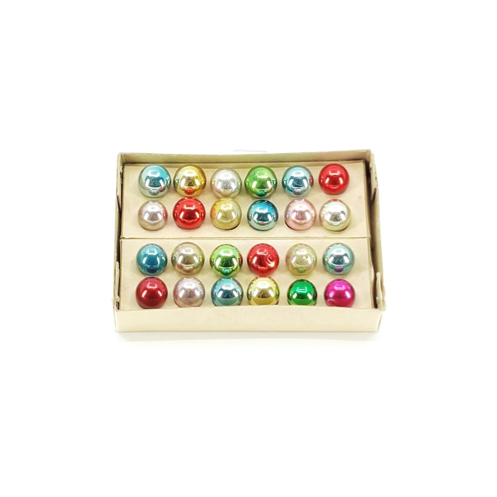 Vintage Shiny Brite Glass Feather Tree Ornaments - MCM Glass Christmas Minis in Original Box, 1950s, 2 Dozen 12mm