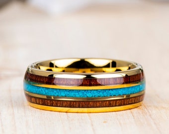 Tungsten Ring, Yellow Gold Plated with Rosewood and Crushed Turquoise Inlay, Mens Tungsten Ring, Turquoise Wedding Band, Mens Wedding Band