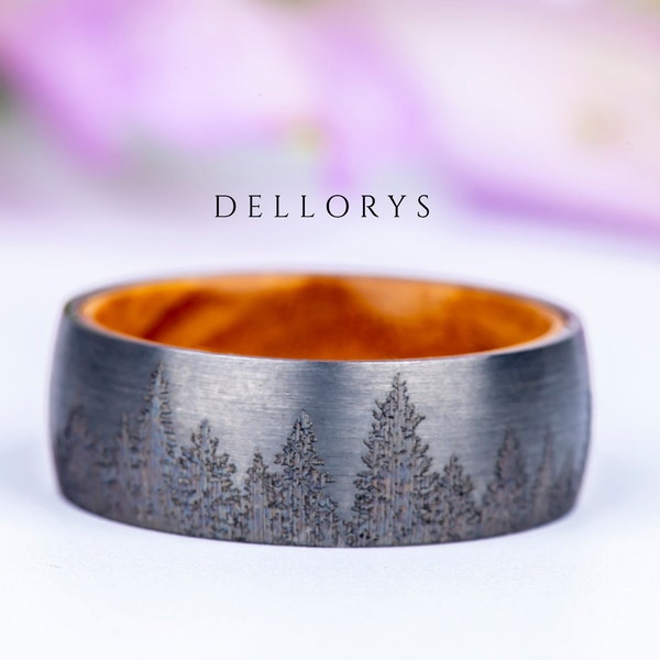 Forest Tungsten Wedding Band or Engagement Ring 8mm with Whiskey Barrel Wood, Unisex Tungsten Promise Ring, Unique Band for Man