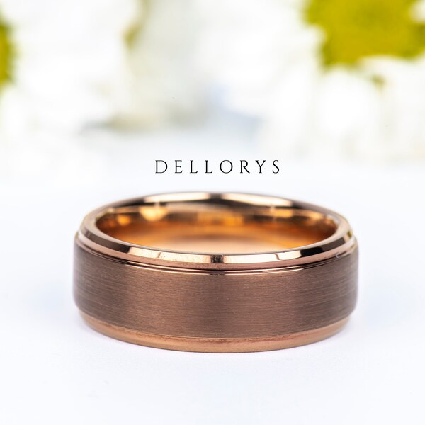 Rose Gold Tungsten Ring, Mens Ring, Mens Wedding Band, Brown Brushed Engagement Ring for Men, Brushed Gold Tungsten Ring, Promise Ring