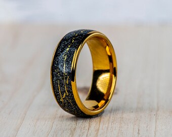 Meteorite Wedding Band, 8MM meteorite ring, Yellow Gold Plated Tungsten Ring, Men’s Wedding Ring, Tungsten Band, Unique Engagement ring men