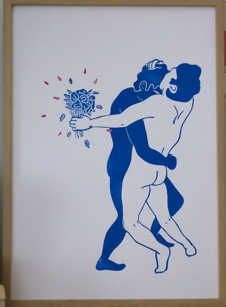 Affiche Linogravure Décoration Murale Deux Hommes et Un Bouquet de Fleurs
