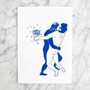 Decoración de pared de cartel Linograbado dos hombres y un ramo de flores