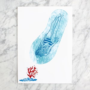 Cartel decoración de pared linograbado impresión original Bajo el océano
