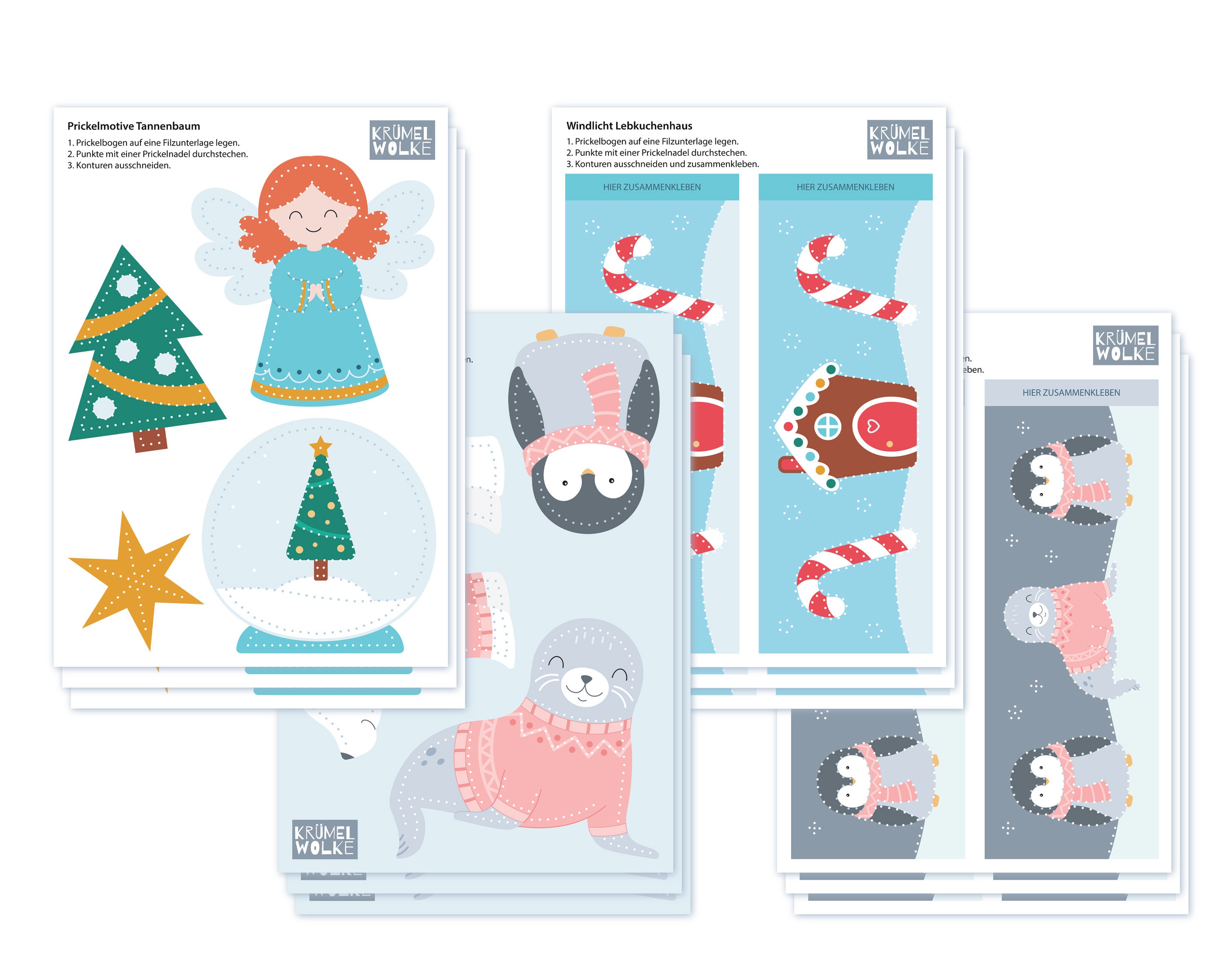 12 Prickelbilder mit Weihnachtsmotiven, Prickel Vorlagen Set für Kinder ab 5 Jahren, Prickeln