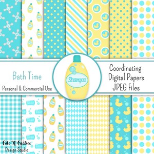 May include: A set of 12 digital papers featuring various patterns in blue and yellow. The patterns include gingham, polka dots, stripes, and a repeating pattern of shampoo bottles and rubber ducks. The text "Bath Time" and "Coordinating Digital Papers JPEG Files" is included in the image.