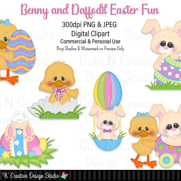 Benny and Daffodil Easter Fun Digital Clip Art Set ~ Graphics Kristi W Designs Personal Commercial Use Scrapbooking Clipart Sublimation