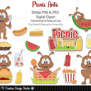 May include: A set of digital clipart featuring cartoon ants enjoying a picnic. The clipart includes images of ants holding a fork, a hamburger, a watermelon, a pie, a basket, and a glass of lemonade. The text "Picnic Time" is also included in the clipart.