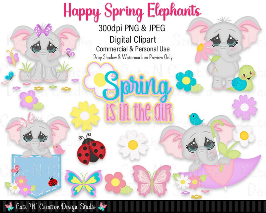 Happy Spring Elephants Digital Clip Art Set ~ Graphics Kristi W Designs ...